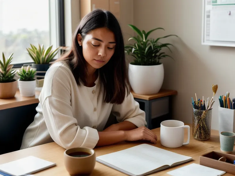 Auto-entrepreneuse sereine après avoir organisé la gestion administrative de sa micro-entreprise