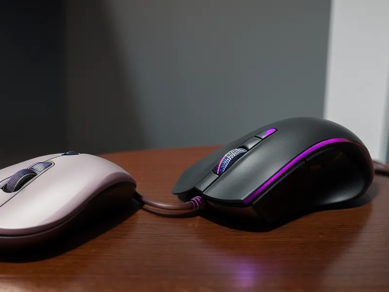 Souris ergonomique verticale posée sur un bureau, à côté d'un verre d'eau renversé pendant les premiers essais de ce matériel informatique