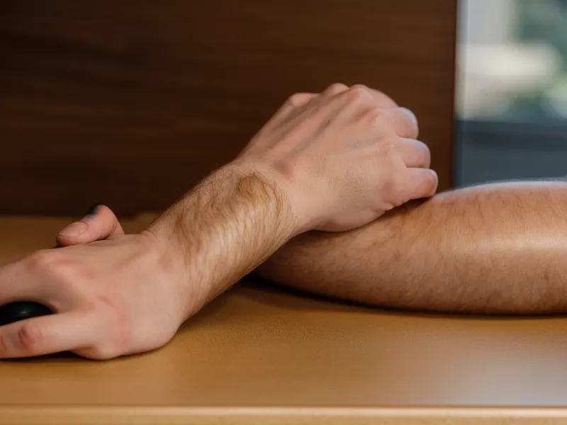 Position correcte de l'avant-bras et du poignet sur une souris ergonomique verticale, un repère d'ergonomie de bureau utile en comptabilité