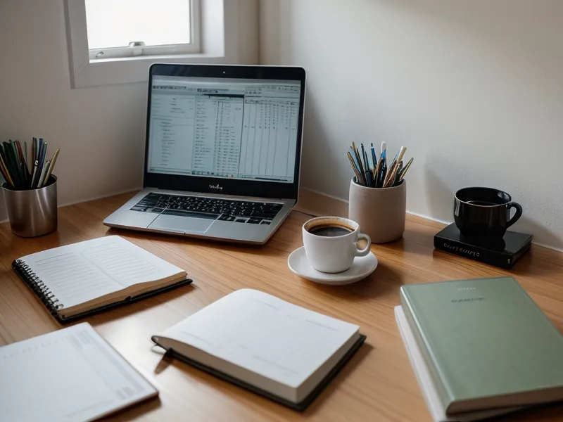 Gros plan d'une main d'auto-entrepreneur prenant des notes de gestion de paie à côté d'un ordinateur