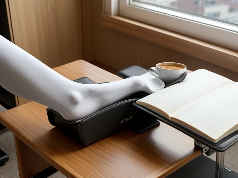 Détail d'un repose-pieds à bascule avec surface antidérapante, pensé pour le bien-être au bureau